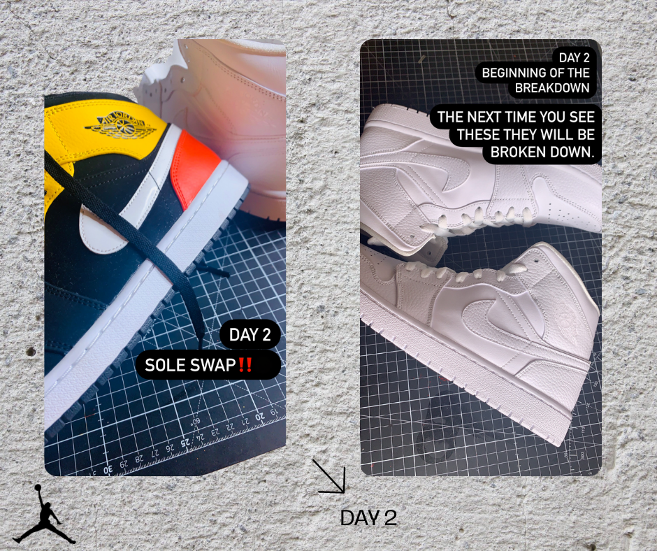 Day 2-3, I spent time deconstructing an old pair of AJ 1 sneakers to use as the sole for my newly constructed sneaker by detaching the upper from the shoe's sole. This allowed me to also learn the anatomy of the AJ 1 sneaker.