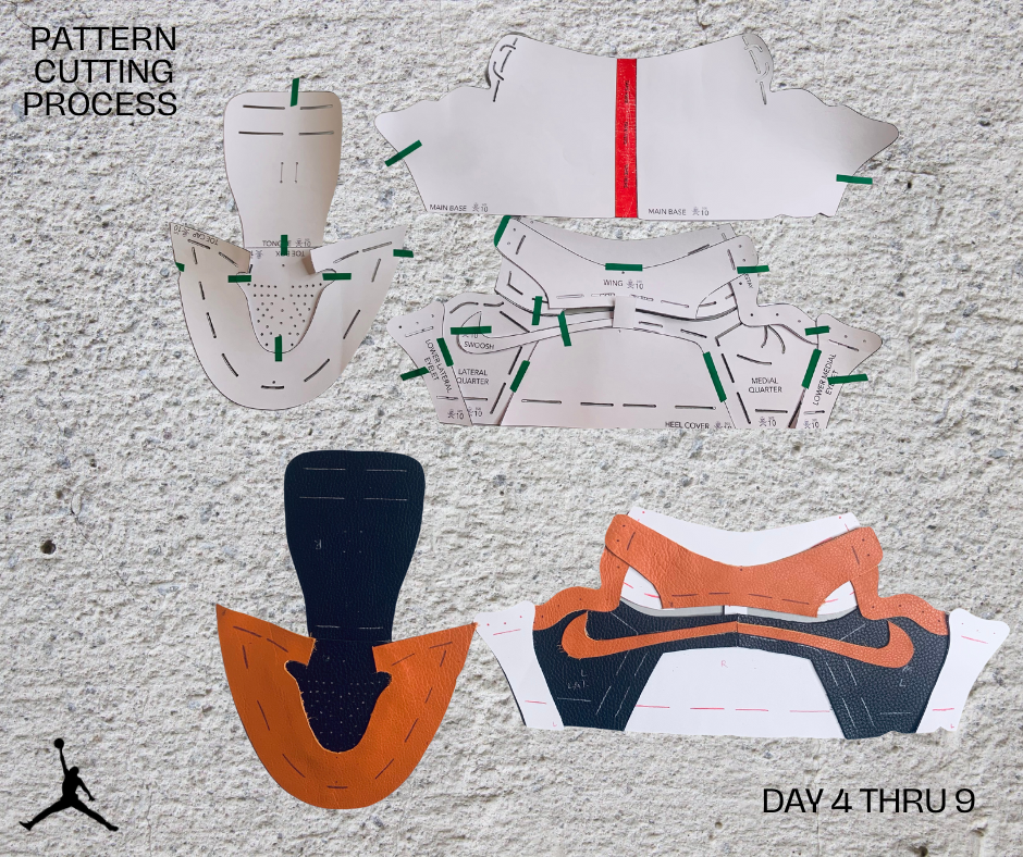 Day 4-9, I spent time creating the components of my shoes out of leather, microfiber, and foam. I used the AJ 1 pattern pieces to trace, cut, and skive new pattern pieces to prepare all the components needed to construct the upper for my new shoe. I 