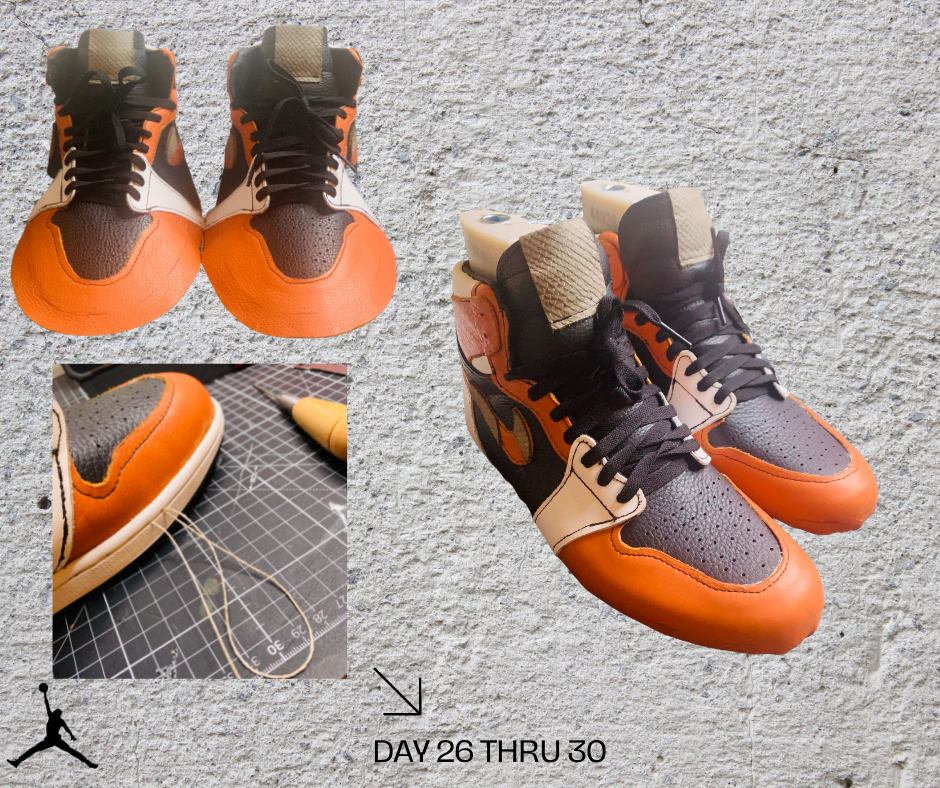 Day 26-30, I prepared the upper for the lasting process, attaching the sole using cement bond glue and hand stitching the instep to finish the shoe. The most challenging part of this process for me was the lasting process of bonding the lasting allow