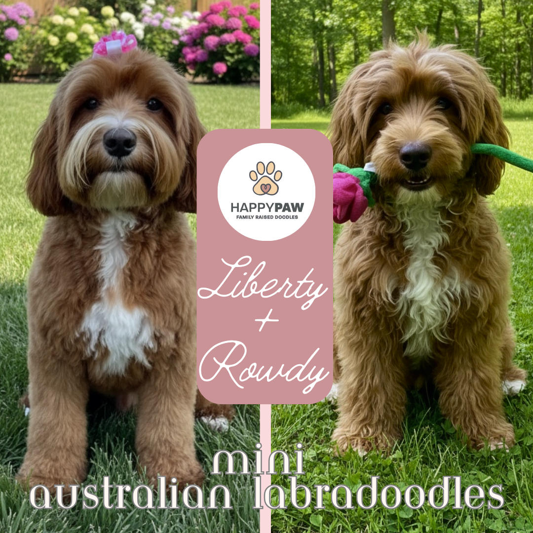 These mini Australian Labradoodle puppies will have beautiful wavy fleece coats in white, cream, red, and tuxedo patterns, weighing around 20+/- pounds full grown. Puppies are due around 6/7/26 and ready for take home around 8/2/26. Dates subject to 