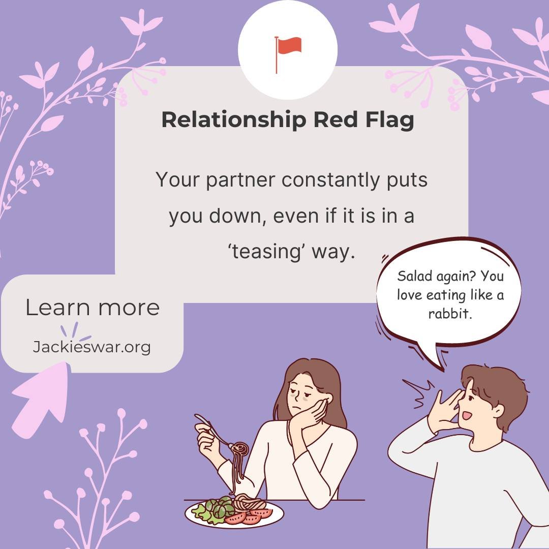 Did you know that even if your partner was 'just joking', constantly teasing or making fun of you can be a serious red flag! 🚩 While your partner may claim that they are just playing around, excessive teasing can not only can wear down your own self