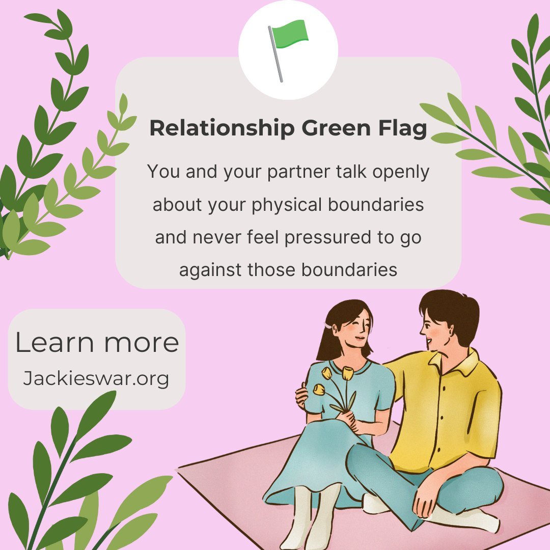 🟢 Relationship Green Flag!! Do you and your partner have open discussions about your physical boundaries? Being able to communicate without fear and to never feel pressured to go against your boundaries is a great sign within your relationship! 

 #