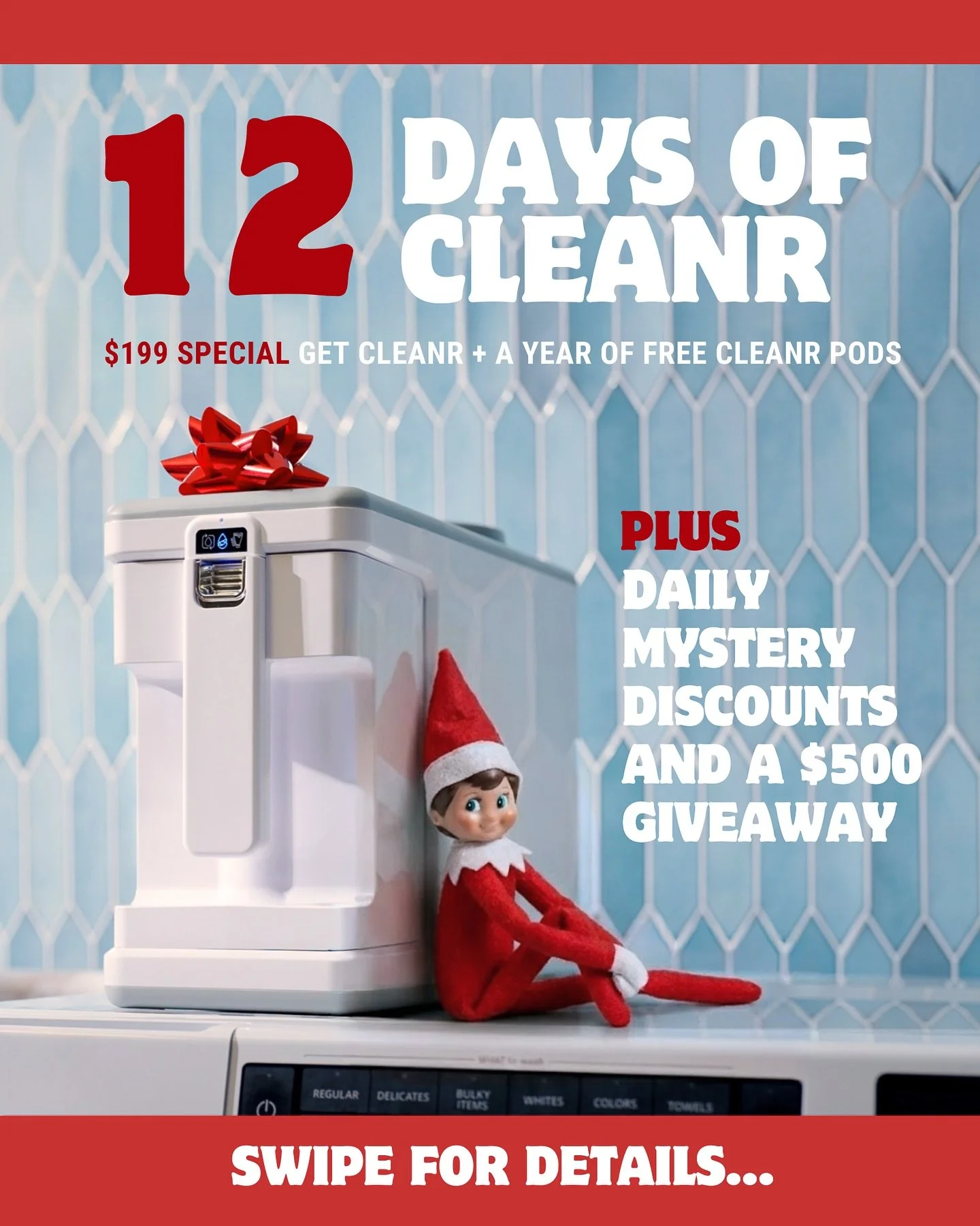 12 DAYS OF CLEANR starts now 🎁 Our elf has officially moved into the laundry room and is hiding somewhere on cleanr.life 👀

Here&rsquo;s how it works:
1️⃣ Find the elf on our website
2️⃣ Enter your email to unlock today&rsquo;s mystery discount
3️⃣