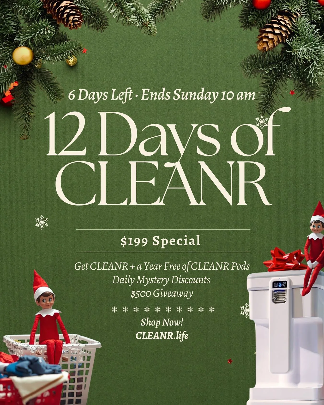 We are officially HALFWAY through the 12 DAYS OF CLEANR 🎁
(6 days left &bull; ends Sunday at 10am EST)

Here&rsquo;s how to unlock today&rsquo;s deal + enter to win:

1️⃣ Spot the elf hiding on our website 👀
2️⃣ Enter your email at CLEANR.life to u
