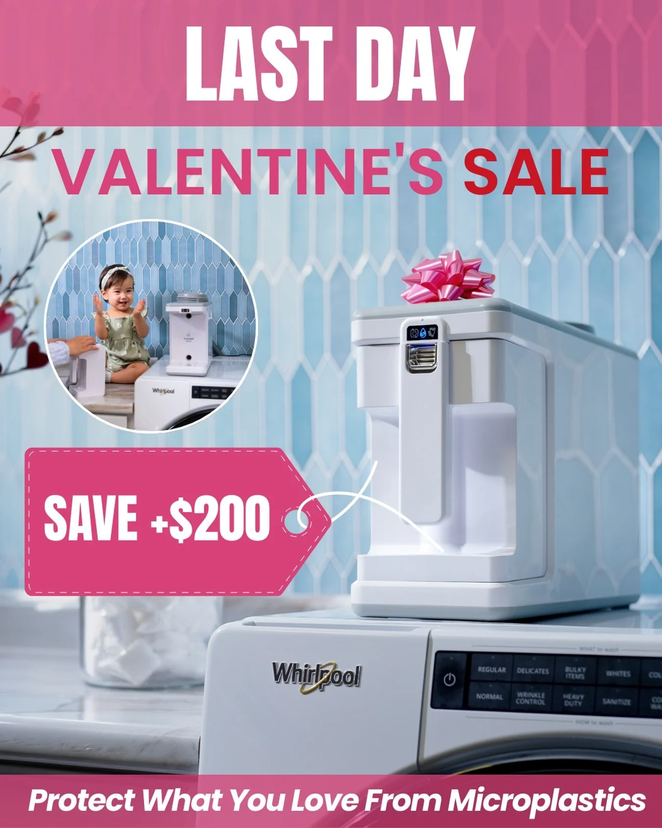 Final day to save. 💗

Our Valentine&rsquo;s Sale ends tonight, your last chance to save over $200 on CLEANR.

Install in minutes. Capture 90%+ of microplastics before they leave your home.

💌 Visit our website to open today&rsquo;s love letter disc