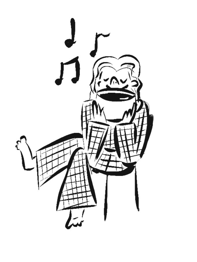 Black and white drawing of a person singing joyfully, with musical notes above their head, wearing checkered pajama pants and an open shirt.