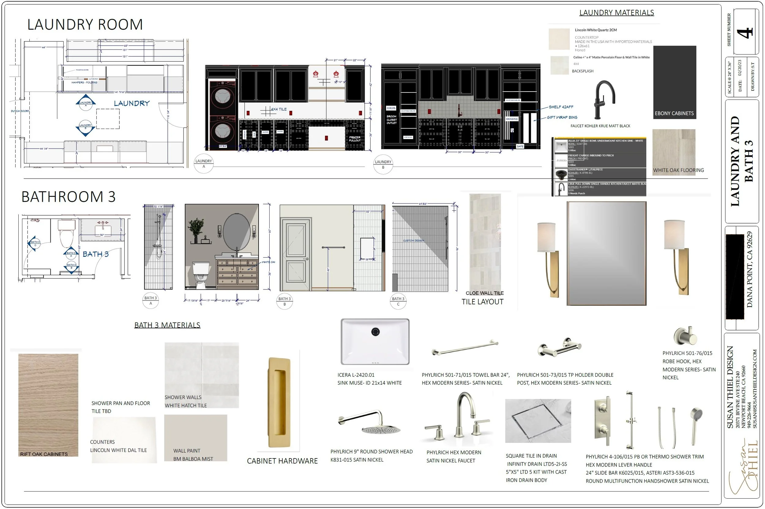 A detailed architectural plan for a laundry room and bathroom 3, including layouts, materials, fixtures, and design elements with measurements and labels.