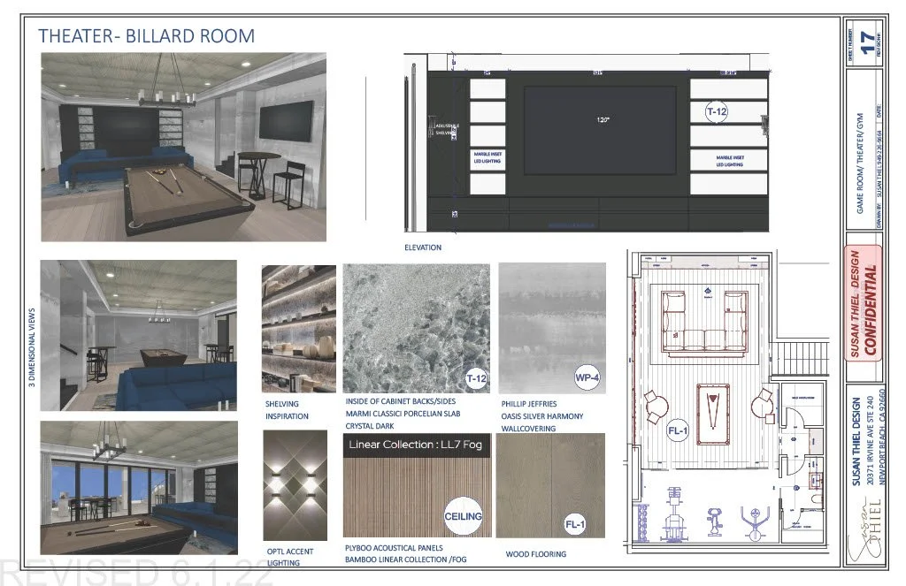 Design plans for a theater in a billiard room, including interior images, wall and ceiling materials, and layout blueprints.