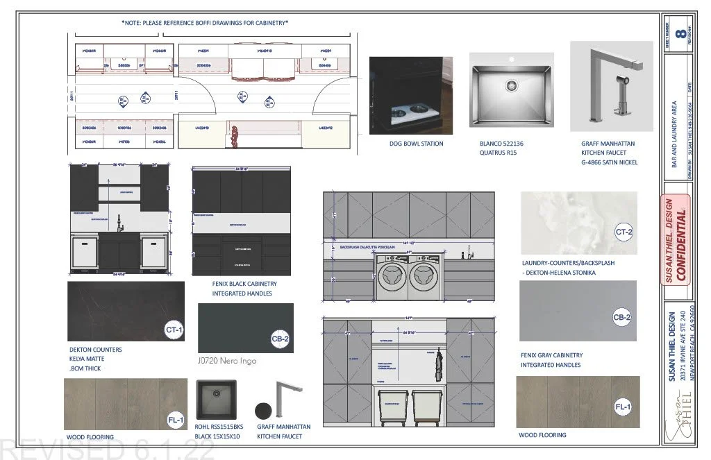 The image is a detailed architectural plan for a bar and laundry area, including cabinet layouts, appliance placements, and fixtures such as a dog bowl station, kitchen sink, faucet, and washers. Material samples like black and gray cabinetry, wood f
