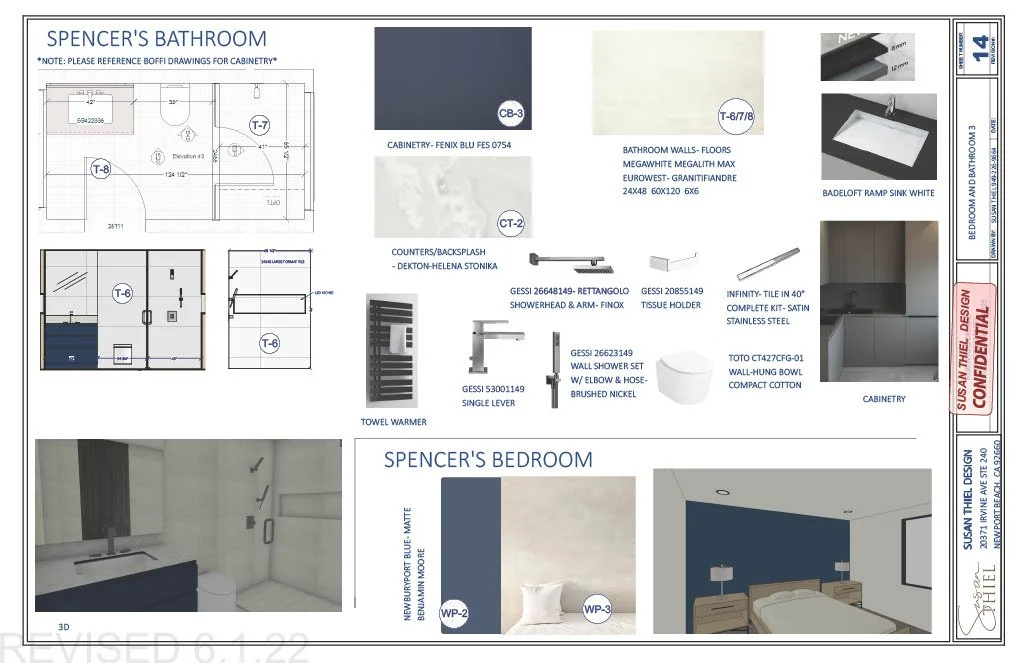 Bathroom and bedroom design plan with color and material samples. The bathroom features a walk-in shower, a sink with a white basin, a towel warmer, and various fixtures. The bedroom shows a modern bed with a blue accent wall, a nightstand, and a sid