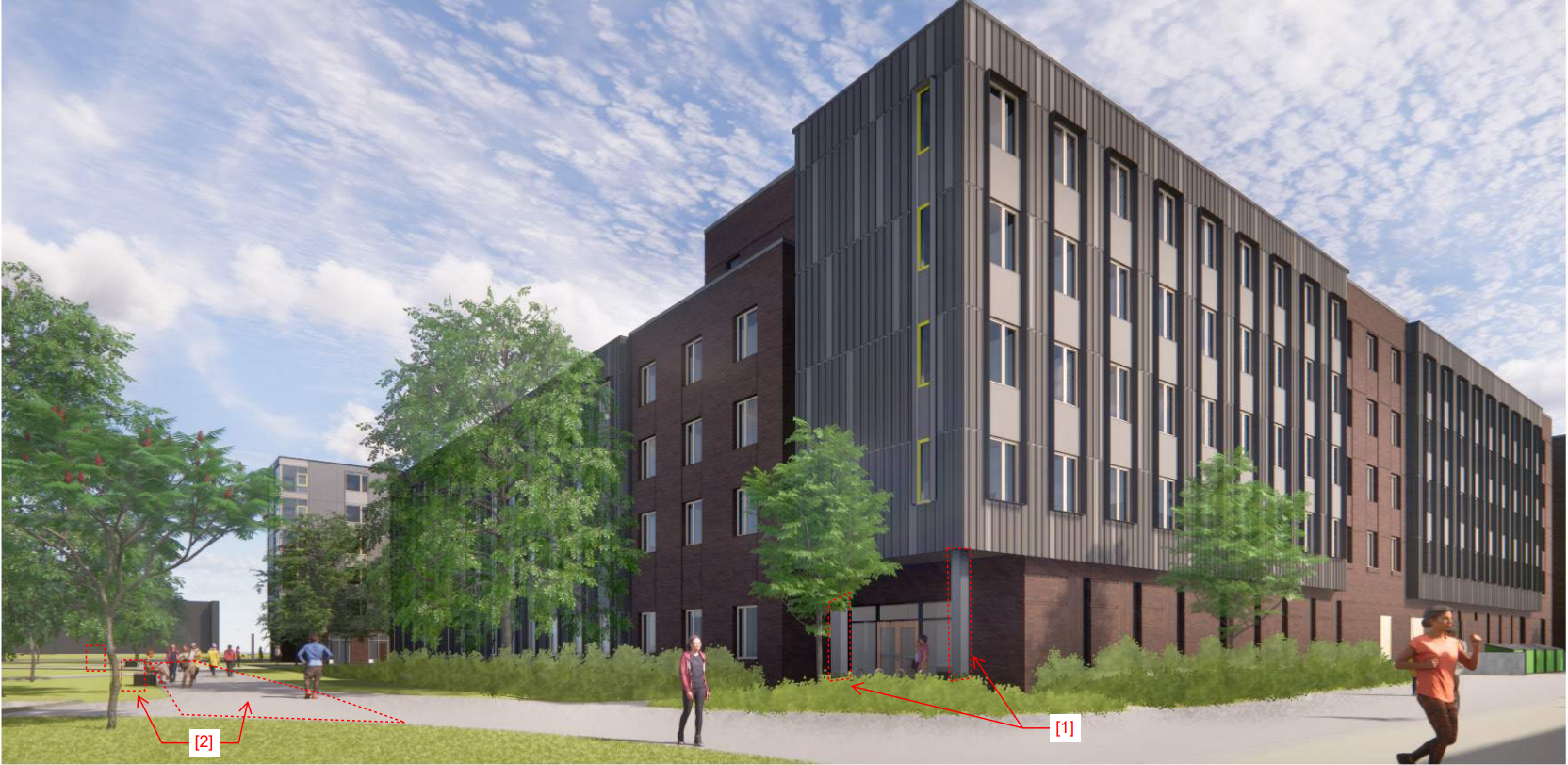 A modern multi-story apartment building with brick and metal siding, surrounded by trees and greenery on a partly cloudy day. People are walking and jogging nearby.
