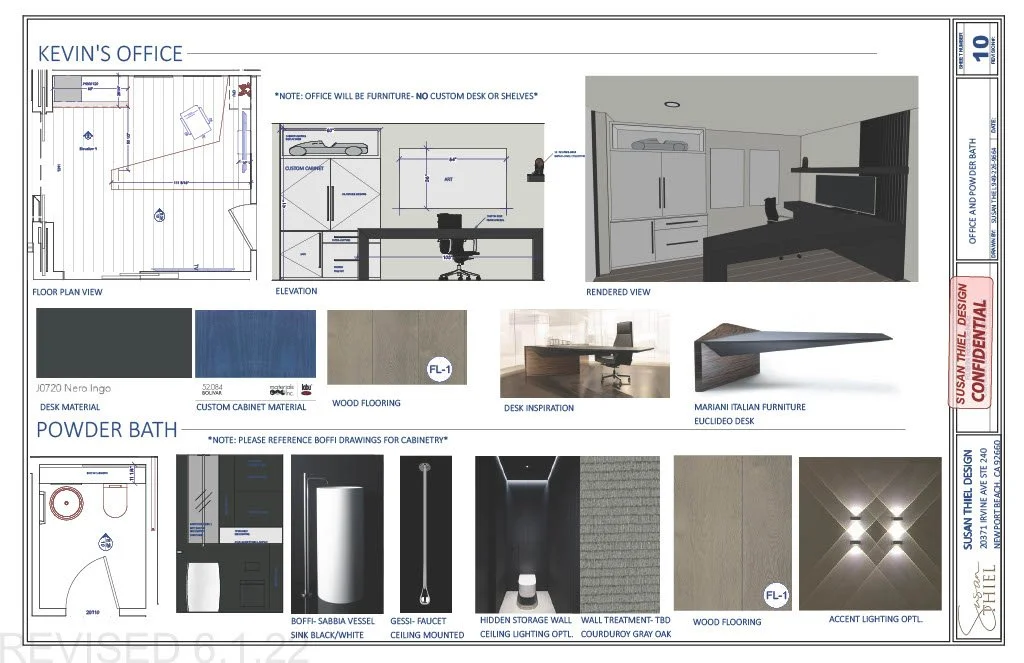 Design blueprint of Kevin's office with furniture layout, color palettes, and bathroom layout, including rendered views, wood flooring, and lighting options.
