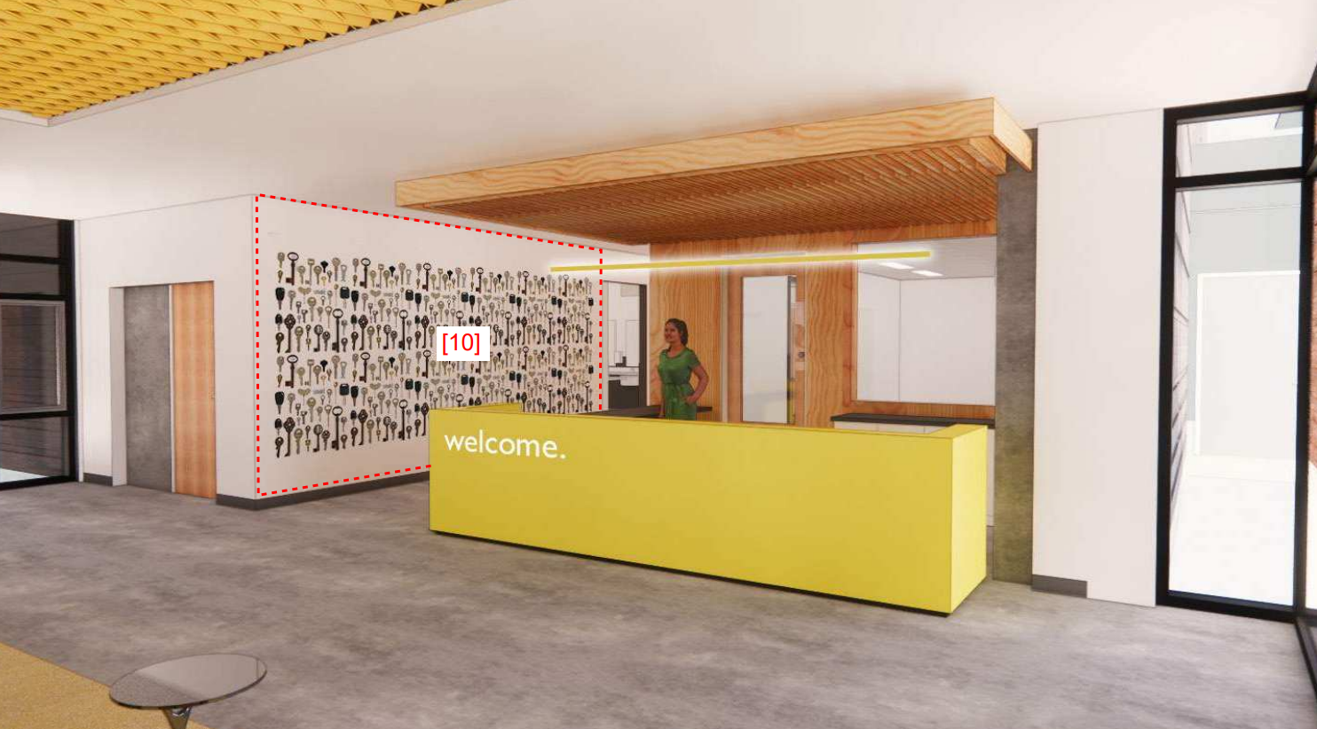 Modern hotel reception area with a yellow desk, a woman standing behind it, wooden accents, decorative wall with key graphics, and glass doors.