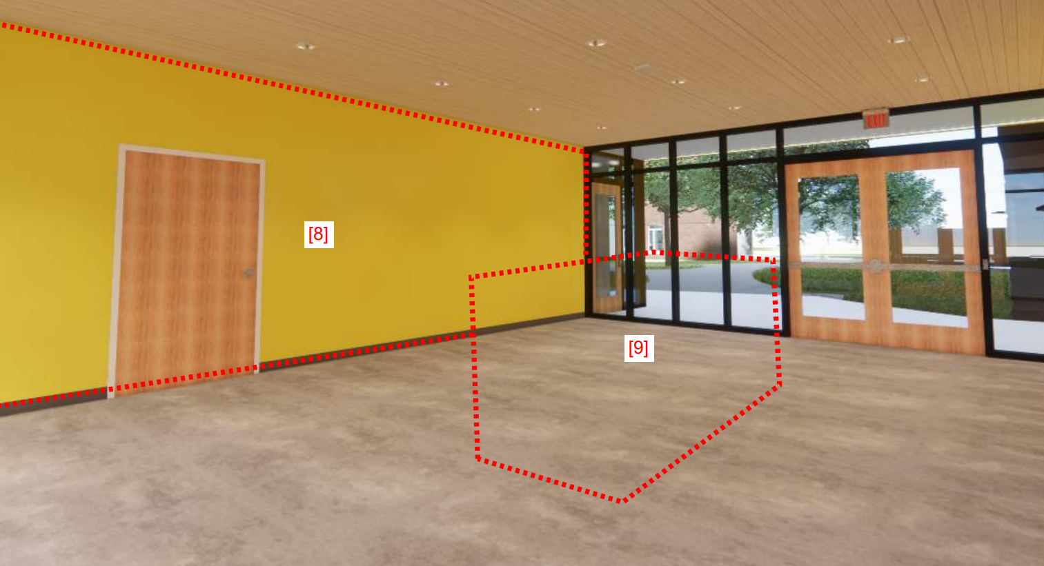 An empty room with a wooden floor, a yellow wall with a door, a ceiling with recessed lighting, and glass entrance doors showing outside greenery.