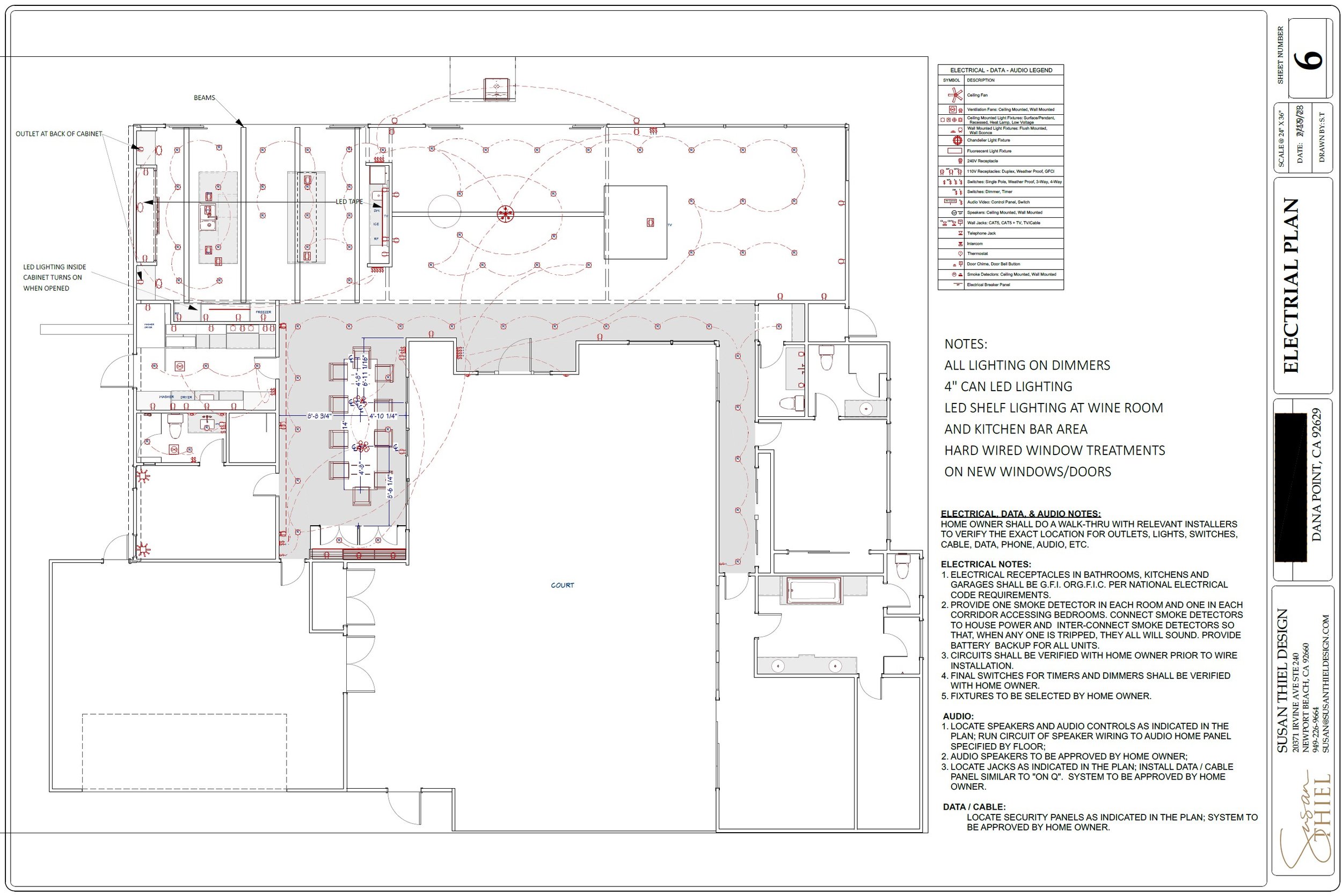 A detailed architectural electrical plan for a building, showing electrical wiring, outlets, switches, lighting fixtures, and notes for installation and verification.