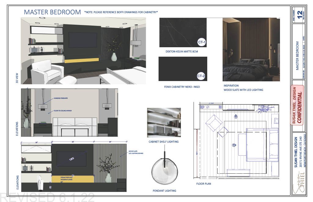 Design plan for a master bedroom featuring interior views, elevation drawings, and floor plan, with details on cabinetry, lighting, and decor inspiration.