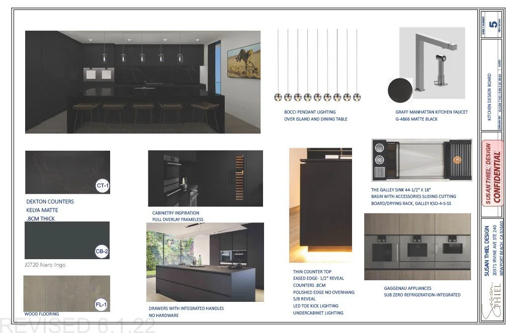 Design board for kitchen layout featuring pendant lighting, matte black kitchen faucet, black counters with wood accent, integral handle drawers, suggested wood flooring, and appliances including a galley sink and Sub Zero refrigerator.