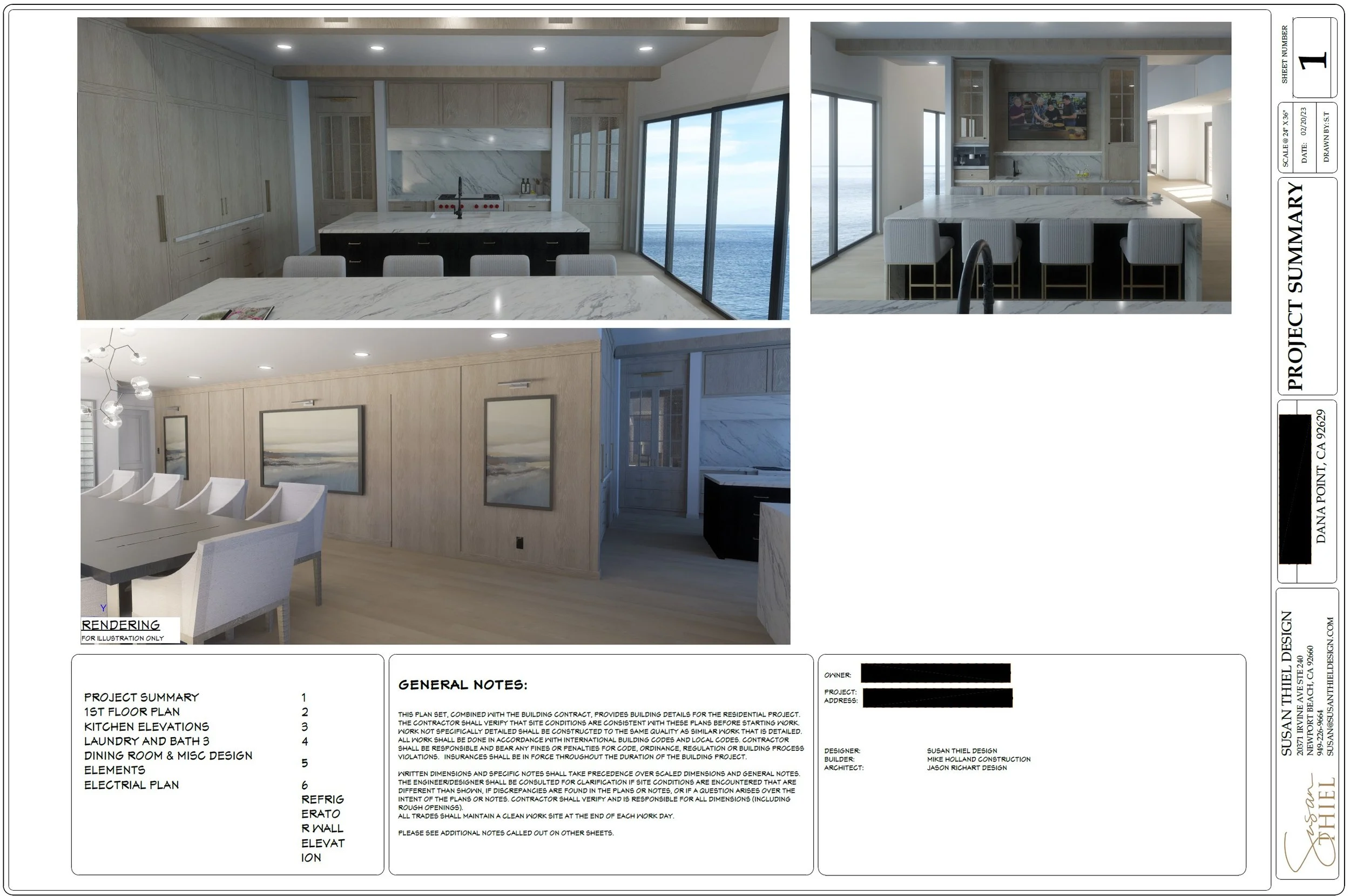 Three images of a modern, ocean-view kitchen and dining area with marble countertops, cabinetry, and sea views through large windows.