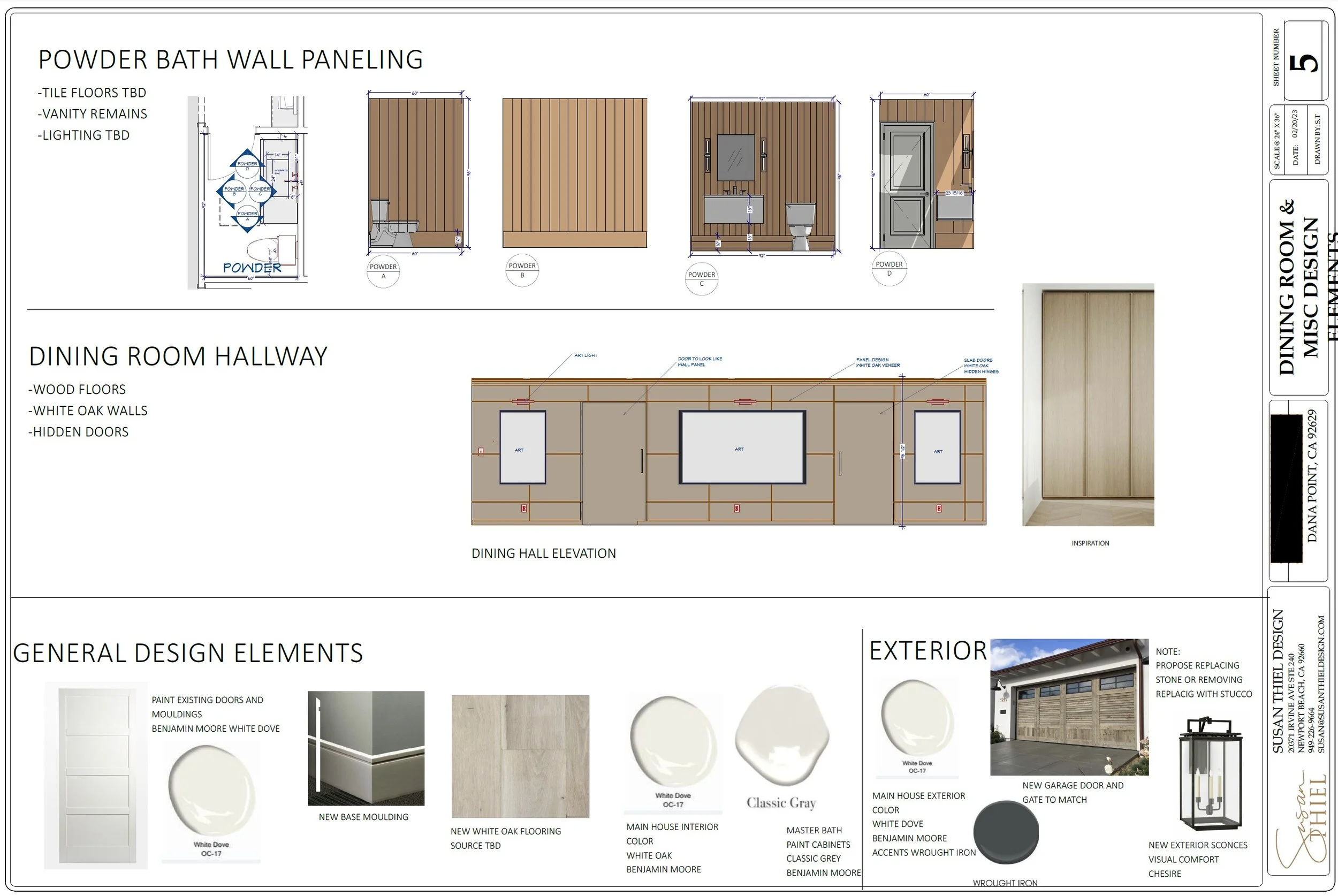 Blueprint of interior design for powder bath wall paneling, dining room hallway, and general design elements, including exterior view of a garage door.