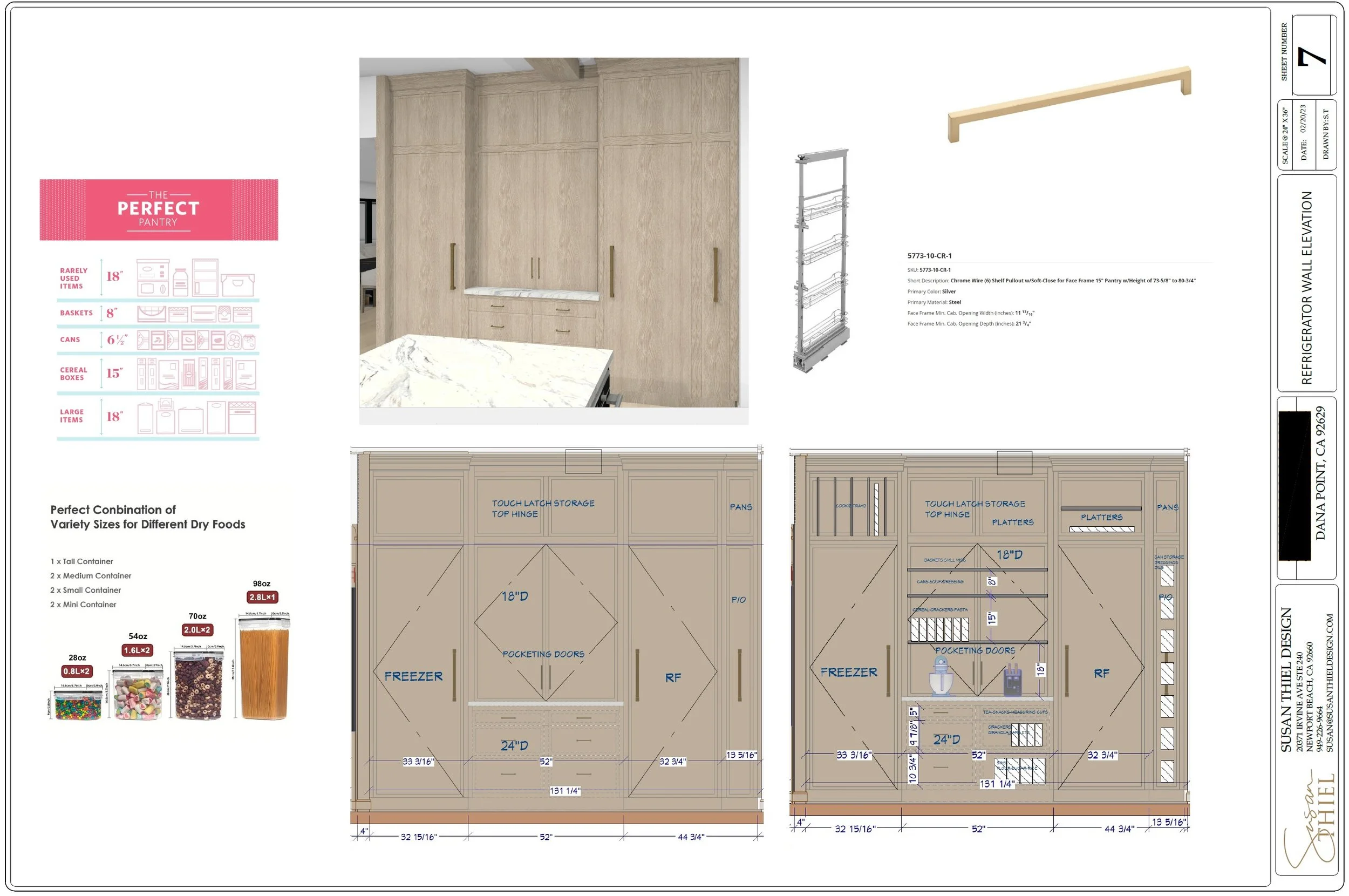 Blueprint and design plan for a walk-in pantry with detailed measurements, storage shelves, and a photo of the pantry interior showing wood cabinets and a marble countertop.