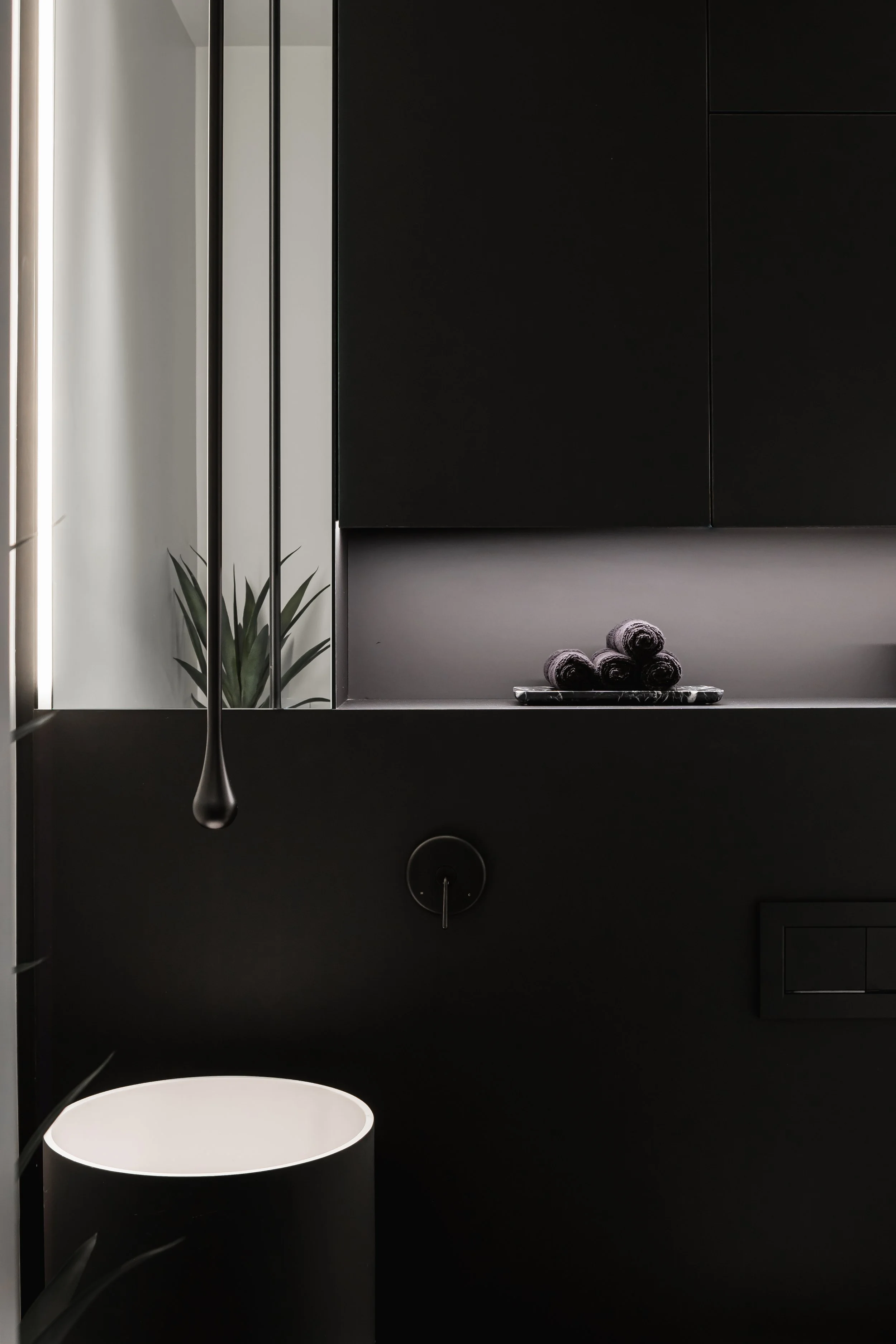 Modern bathroom with black cabinetry, a black sink, rolled towels on a tray, a potted plant, and a black pendant light.