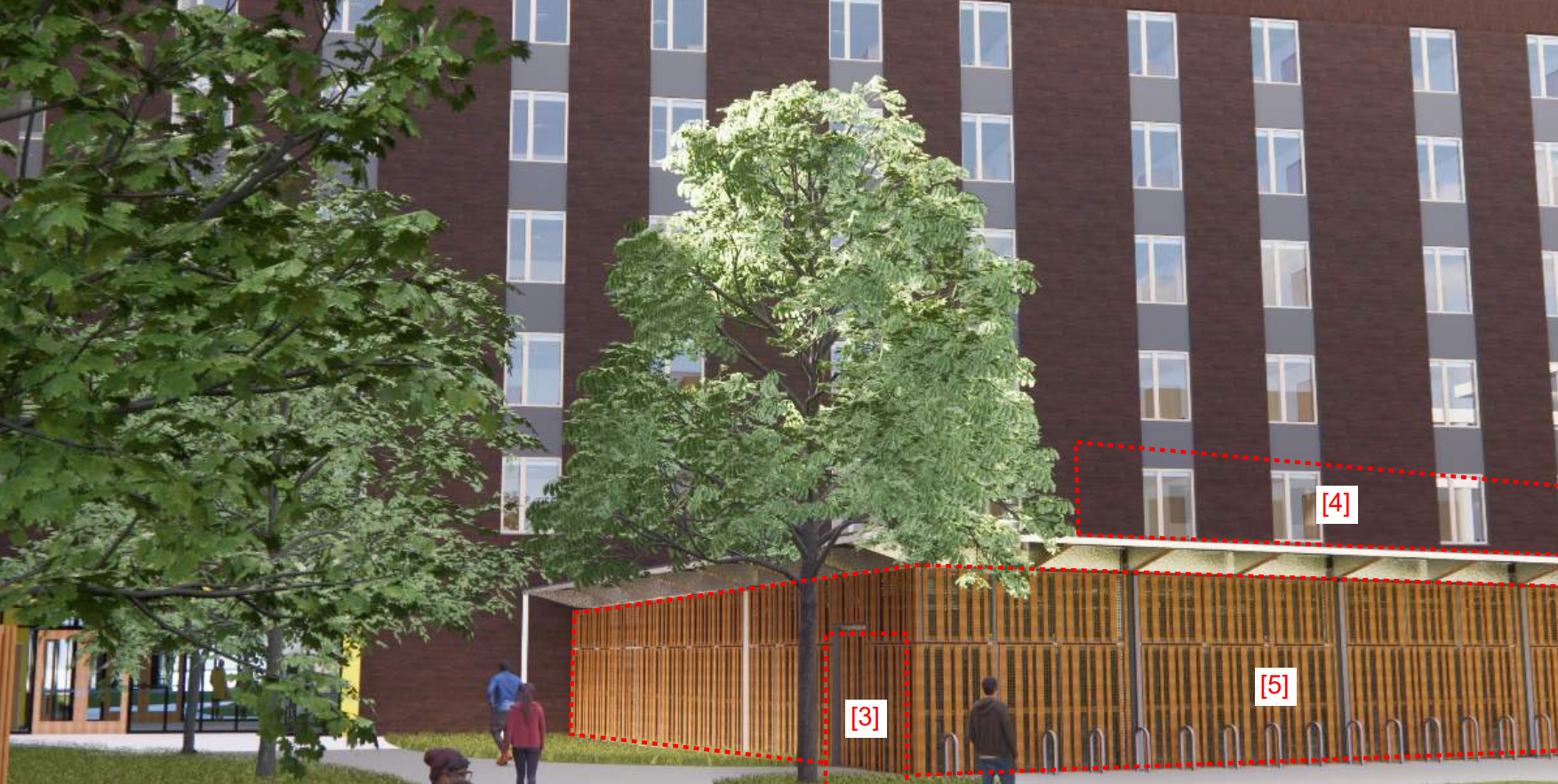A modern multi-story brick building with numerous windows, a large green leafy tree in front, and a wooden fence at the sidewalk, with three people walking nearby.
