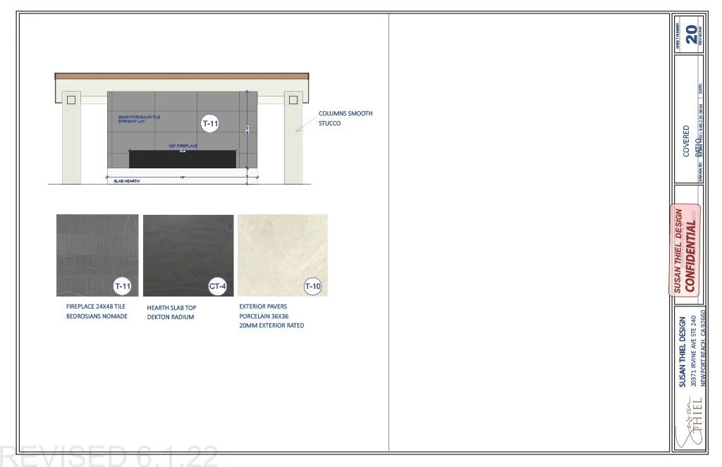 Architectural drawing of a fireplace design with surrounding columns, a hearth, and exterior pavers, including material sample swatches for tiles, hearth slab, and pavers.