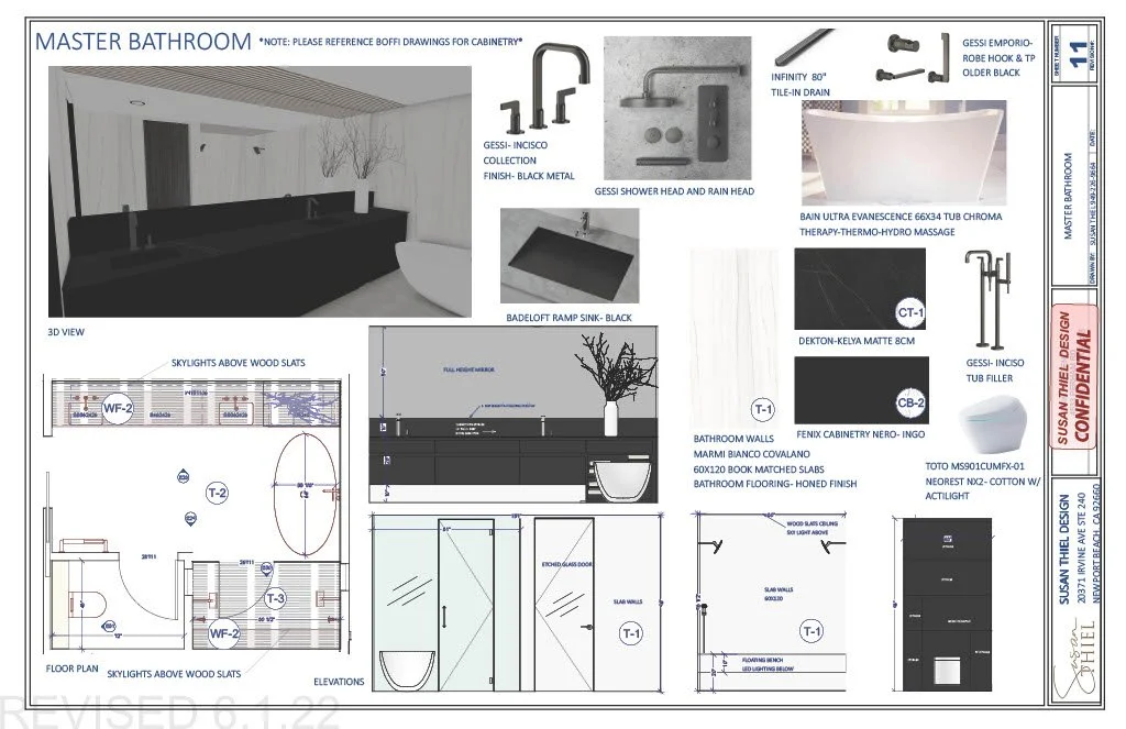 Design plan for a modern master bathroom, including 3D views, floor plan, elevations, and details on fixtures, tiles, and cabinetry with specifications.