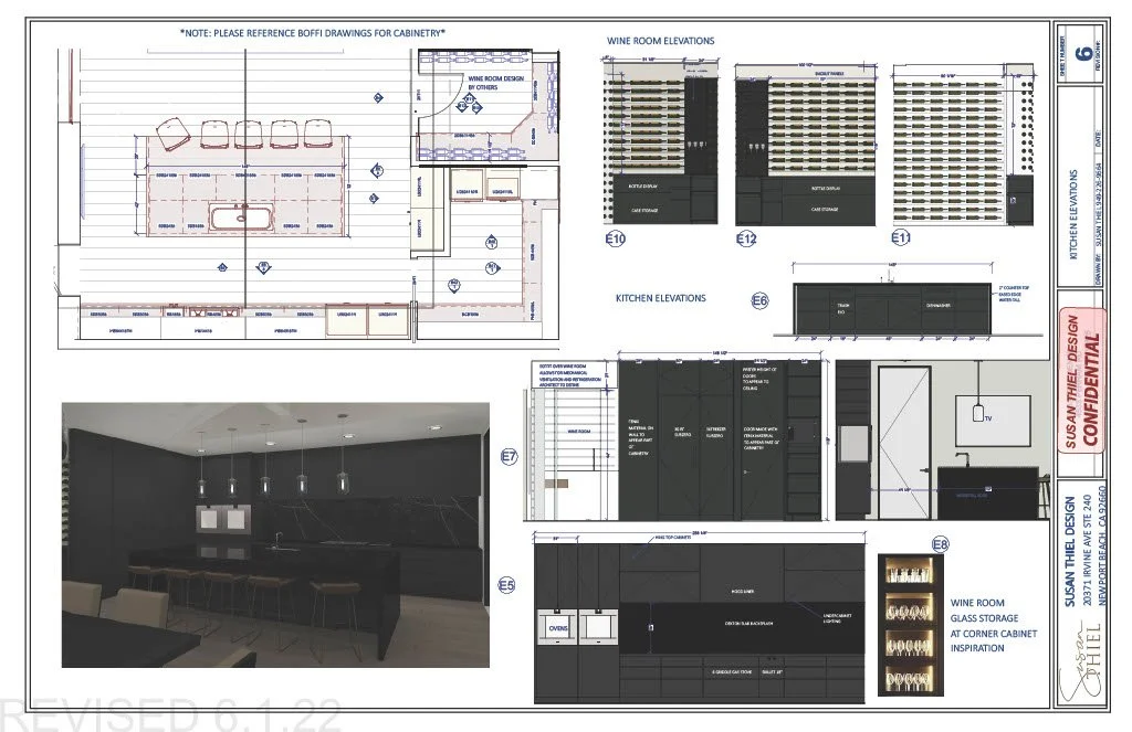 Interior design plan for a wine room and kitchen area, including elevations, cabinetry, and a rendered 3D view of the wine room with dark walls, shelving, and lighting.
