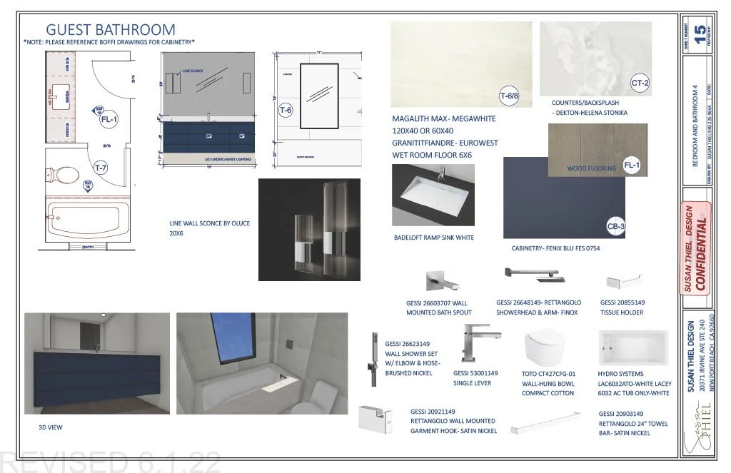 Architectural plan and material samples for a guest bathroom, including wall and floor tiles, fixtures, and plumbing components.