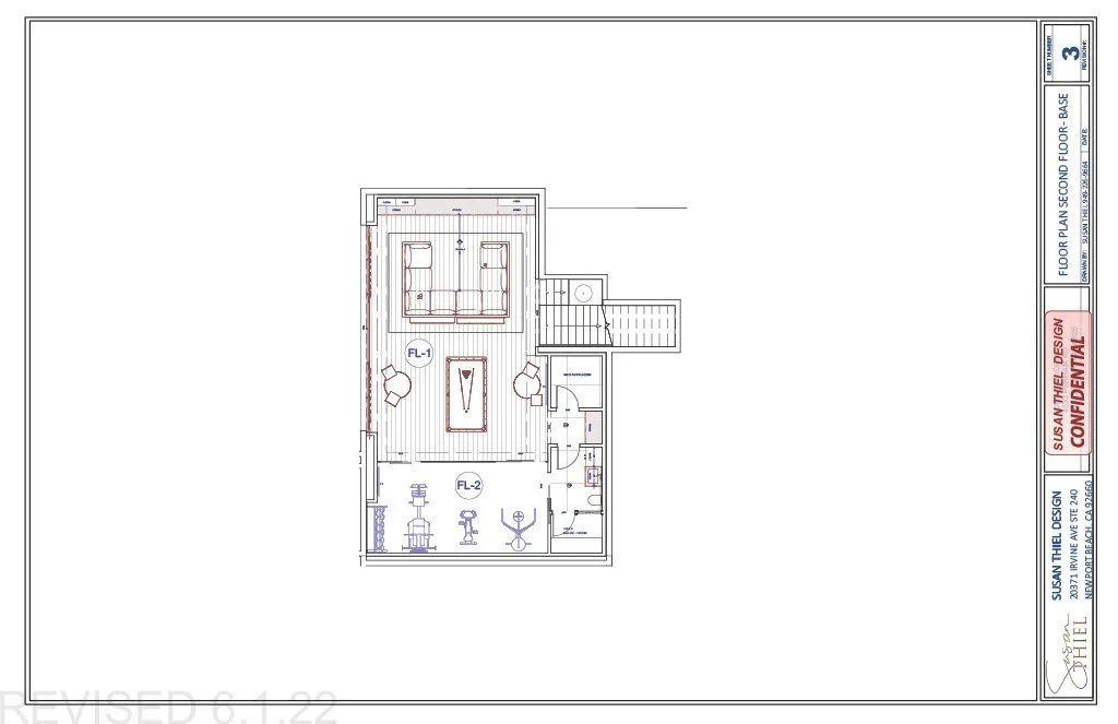 Floor plan of the second floor with a recreational game room, seating area, and exercise equipment.