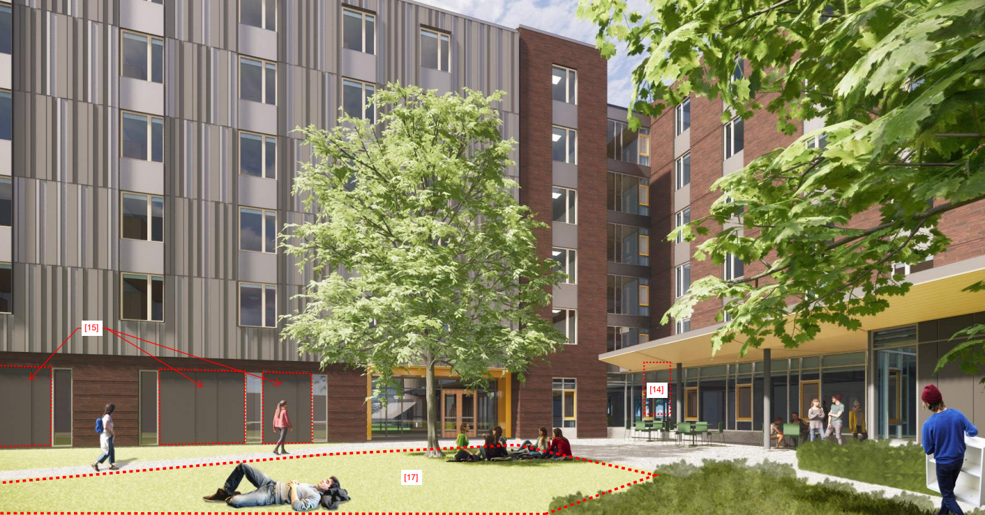 A modern multi-story apartment building with a courtyard featuring a grassy area, trees, and people sitting and walking. A man is lying on the grass, and several others are sitting in groups or walking. The building has large windows and outdoor seat