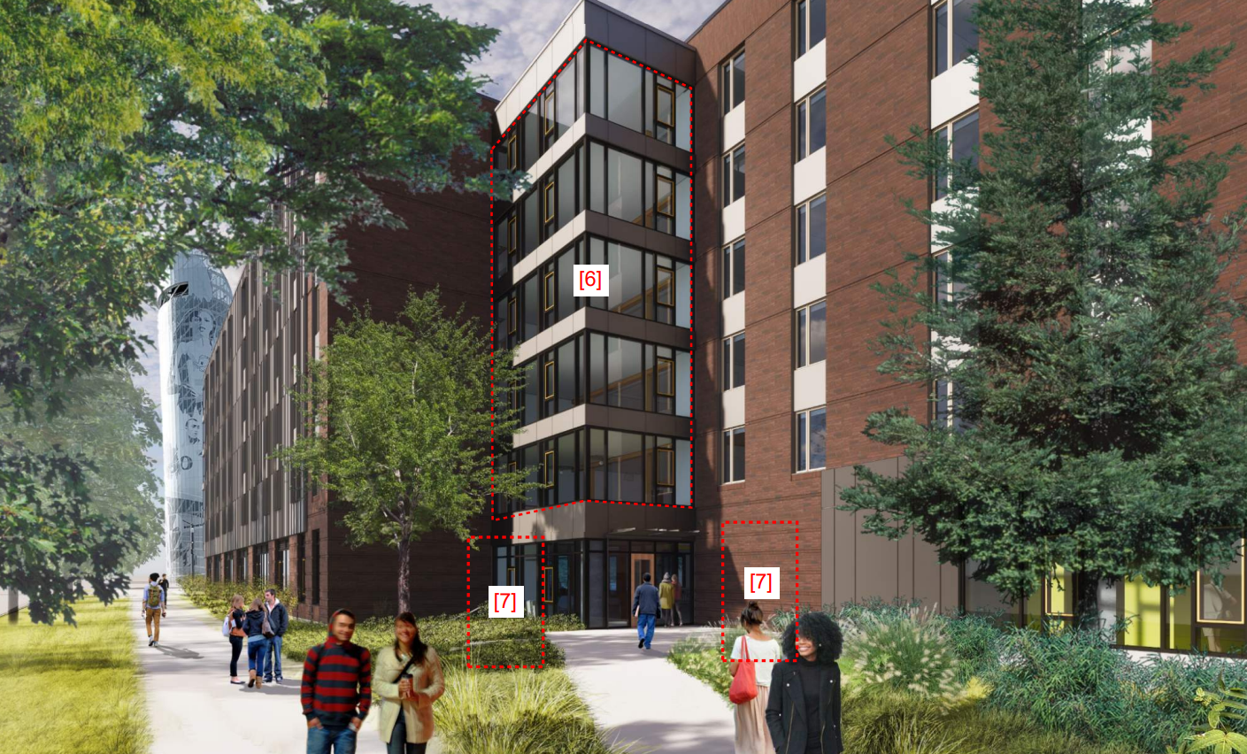 A modern multi-story glass building with white balconies, set among trees and pedestrians walking on a sidewalk, with a brick building adjacent on one side.