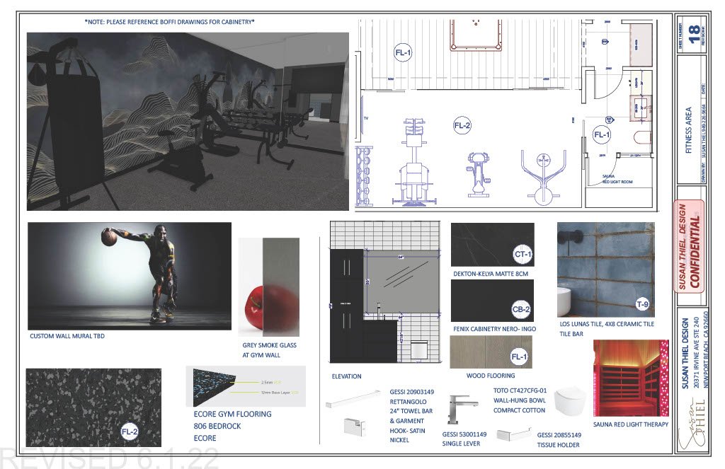 Architectural and interior design plans for a fitness and gym facility, including exercise equipment layout, a mural of a basketball player, a custom wall mural, gym flooring samples, cabinetry design, and bathroom fixtures.
