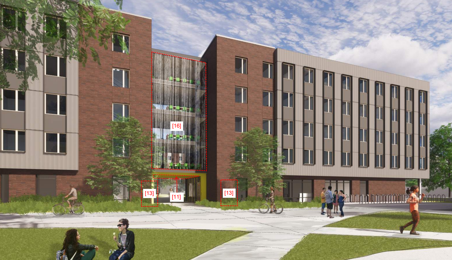 Drawing of a modern residential building with brick and metal siding. The building has multiple floors with rectangular windows, a small entrance with a yellow frame, and a vertical glass section with plants. There are people walking or sitting on th