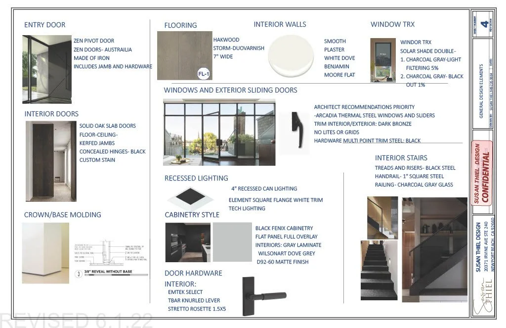 Interior design plan showing various elements including entry door, flooring, interior walls, window trax, interior doors, crown/base molding, sliding doors, lighting, cabinetry, door hardware, staircase, and railing. Contains specifications and mate