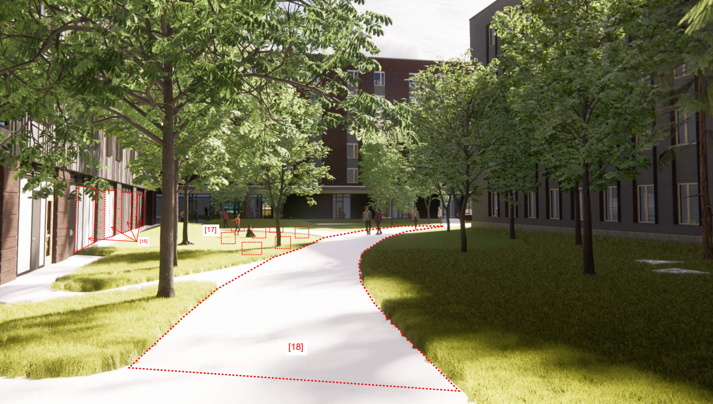 A digital rendering of an urban park area with a winding concrete pathway, green grass, and trees. Modern buildings are in the background. Red dashed lines and numbered labels indicate design features or measurements.