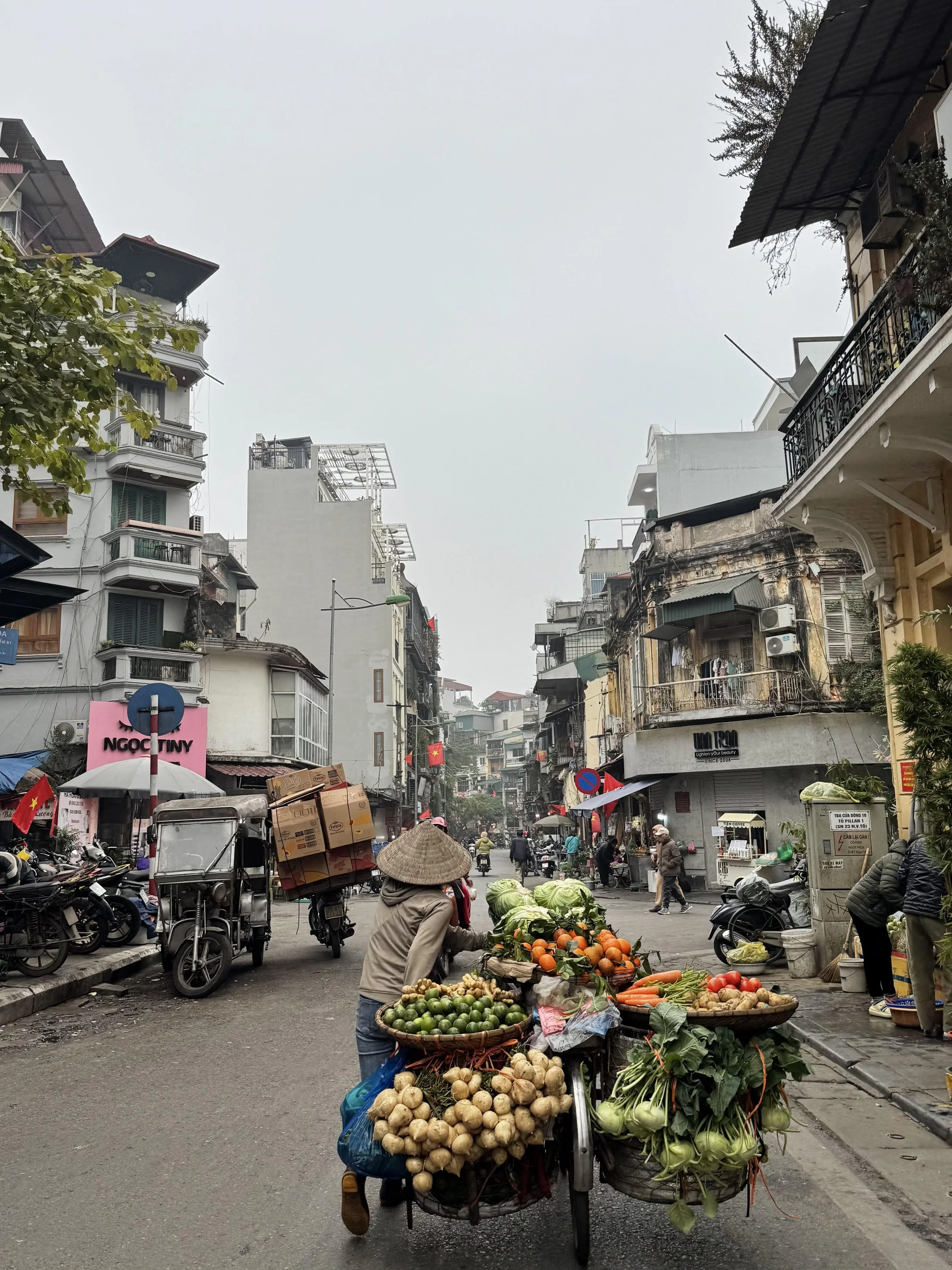 Street scene in Vietnam with vendors selling vegetables and fruit from a bicycle cart, scooters, and old buildings.