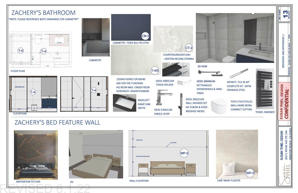 Design plan for Zachery's bathroom and bedroom wall features, including floor plan, cabinetry, fixtures, and textures such as tiles, shower heads, towel warmer, and bed wall decoration.