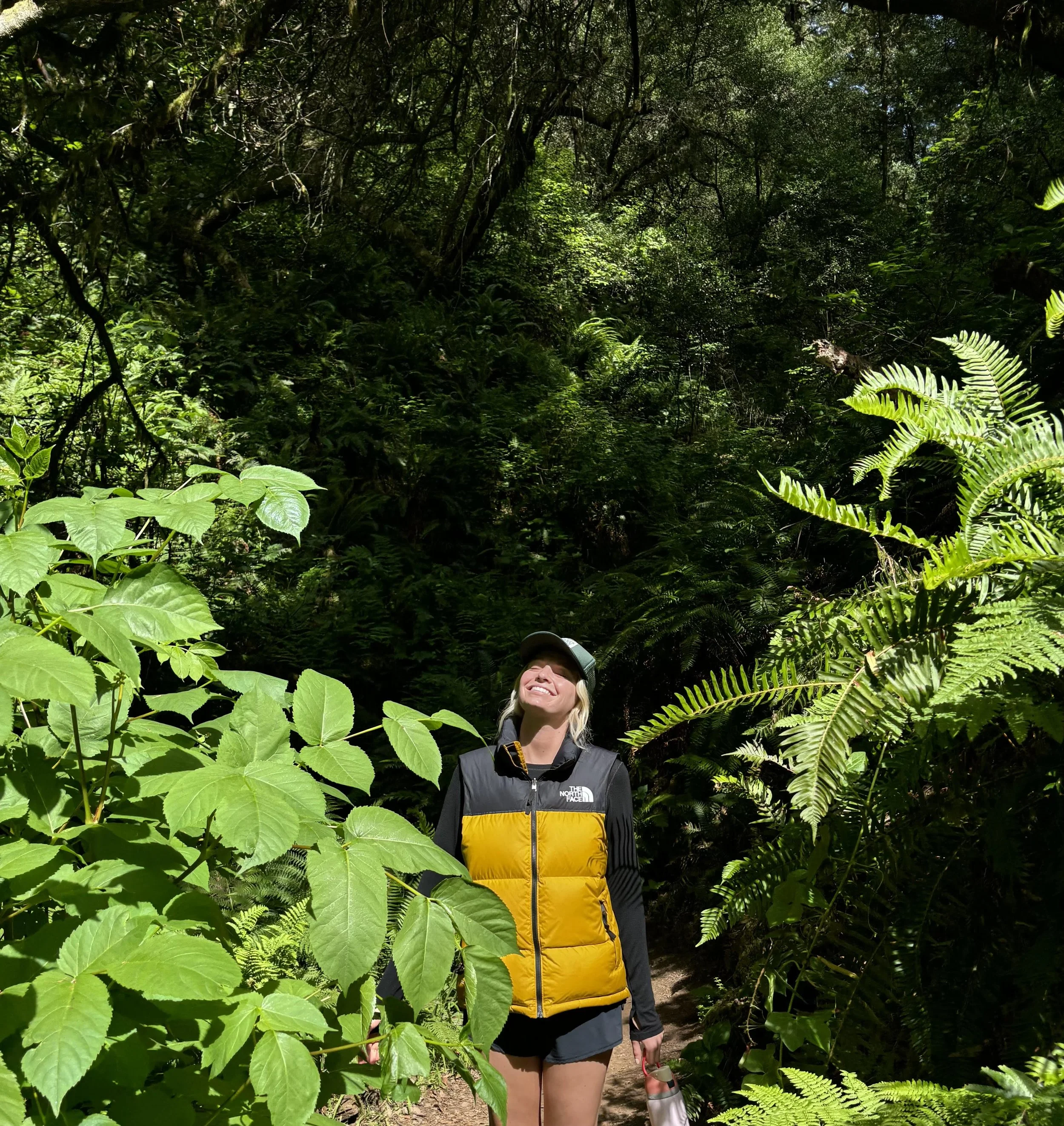 A woman smiling and standing on a trail in a lush, green forest surrounded by various plants and ferns, wearing a yellow and black jacket, a cap, and shorts.