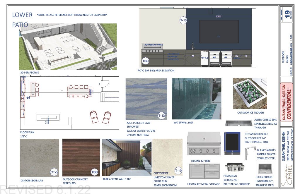 Architectural plans and design samples for an outdoor patio area, including a 3D perspective view, floor plan, water feature, ice troughs, a BBQ, and various materials and textures.