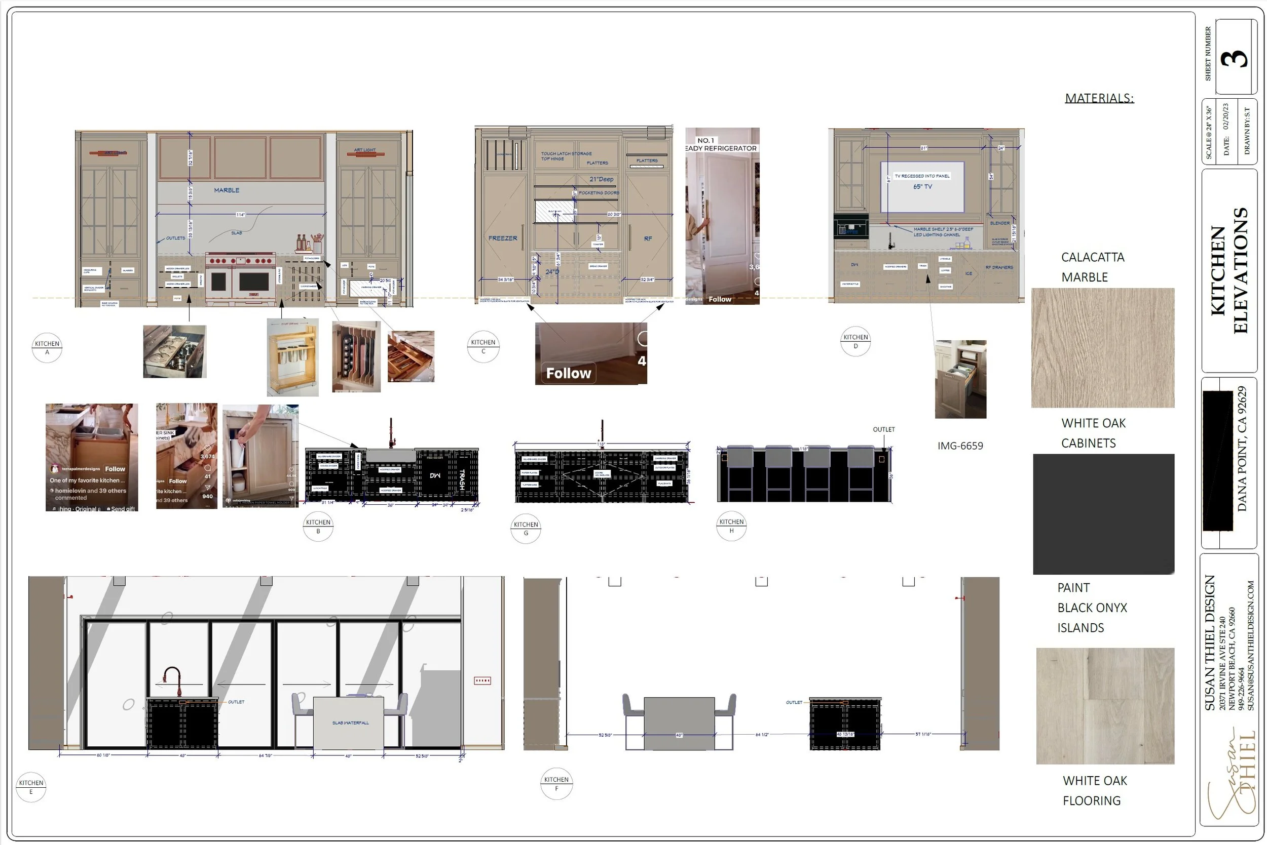 Kitchen design blueprint with cabinet layouts, color samples, and photos of wood and hardware details. Includes elevation views, material swatches, and specific measurements.