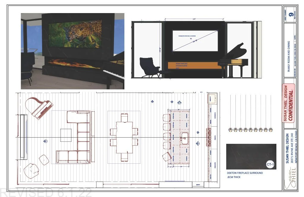 A detailed interior room design plan featuring a large fireplace with a panoramic screen of a jaguar in a natural habitat, a seating area with a dining table, chairs, a piano, and decor elements, including measurements and layout indications.