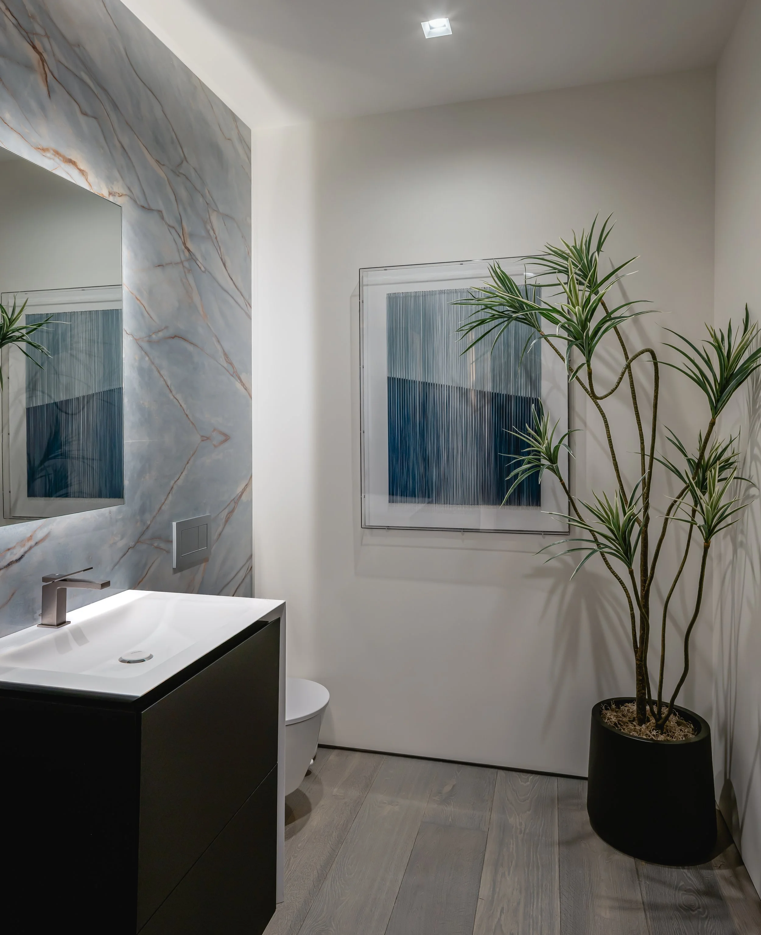 Modern bathroom with a white sink, black vanity, plant, framed art, and window with curtains.