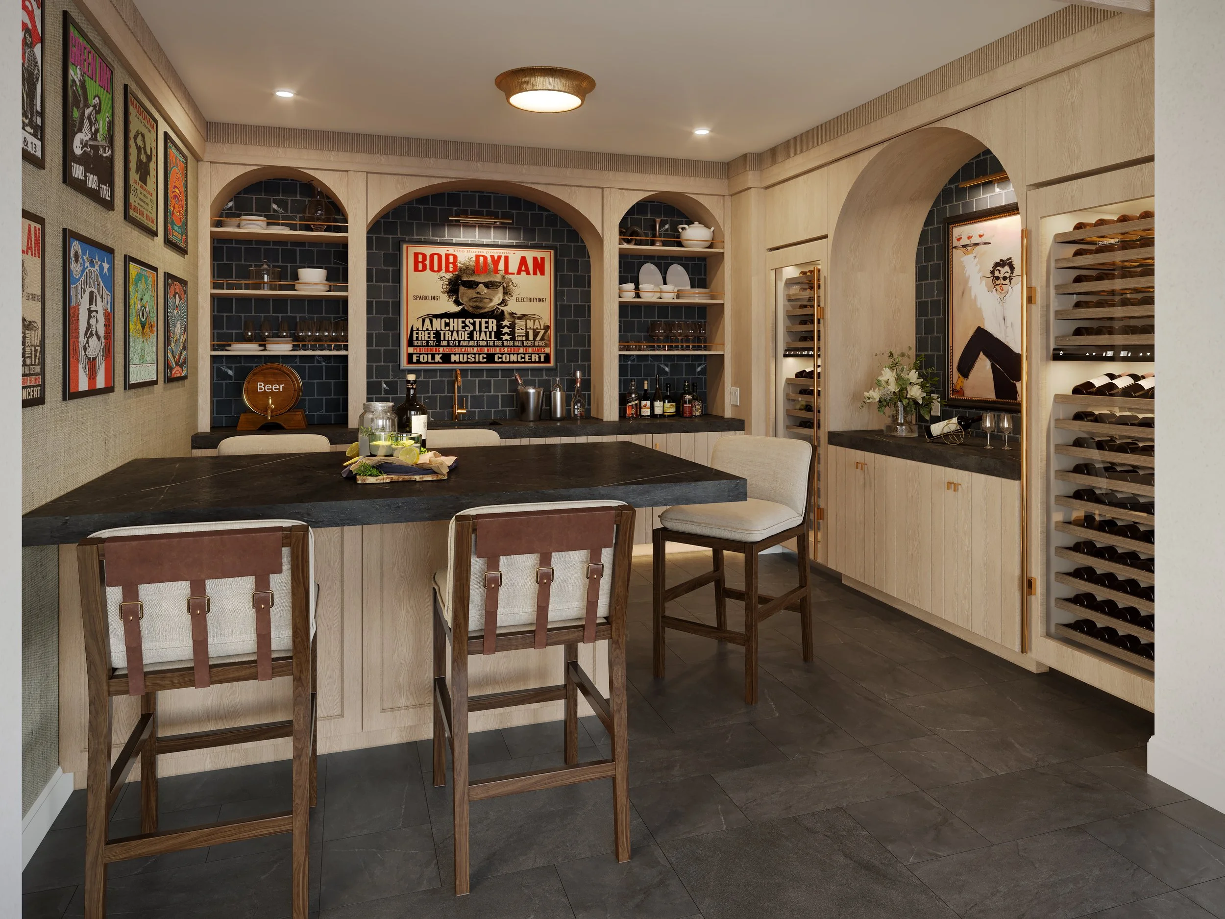 A cozy home bar with a black countertop, barstools, wall art, shelves with bottles, and a wine rack.