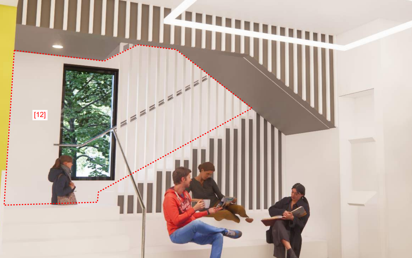 Modern indoor space with a staircase, multiple people sitting and reading, large window showing greenery outside, and minimalist interior design.