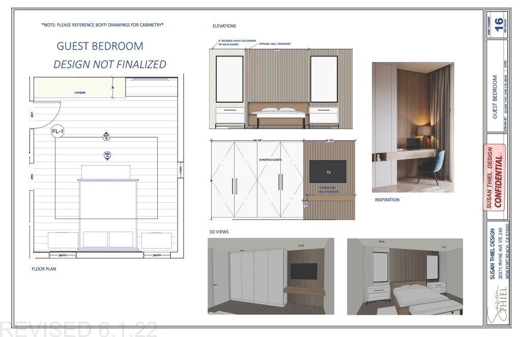 Interior design blueprint and visual inspiration for a guest bedroom showing wall elevations, a floor plan, and 3D renderings, featuring built-in cabinets, a bed, and wooden accents.