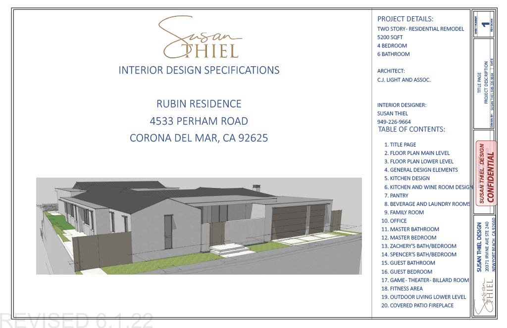 Cover sheet of Susan Thiel's interior design specifications for Rubin Residence, a two-story home in Corona del Mar, CA, showing a 3D model of the house and project details including address, architect, designer, and a table of contents for the inter