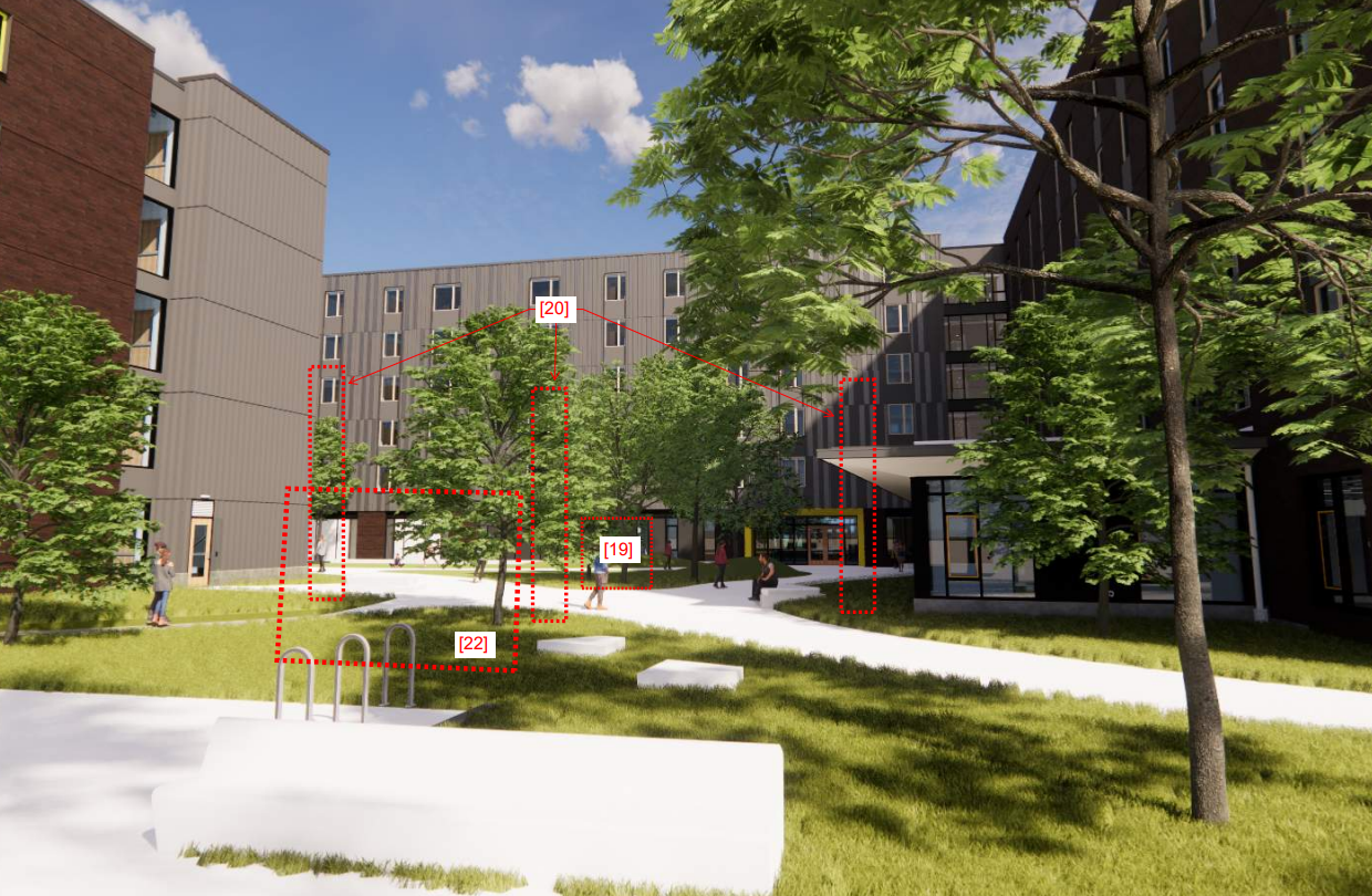 A courtyard surrounded by modern multi-story apartment buildings with trees, grass, and paved walkways, with several people walking and sitting.