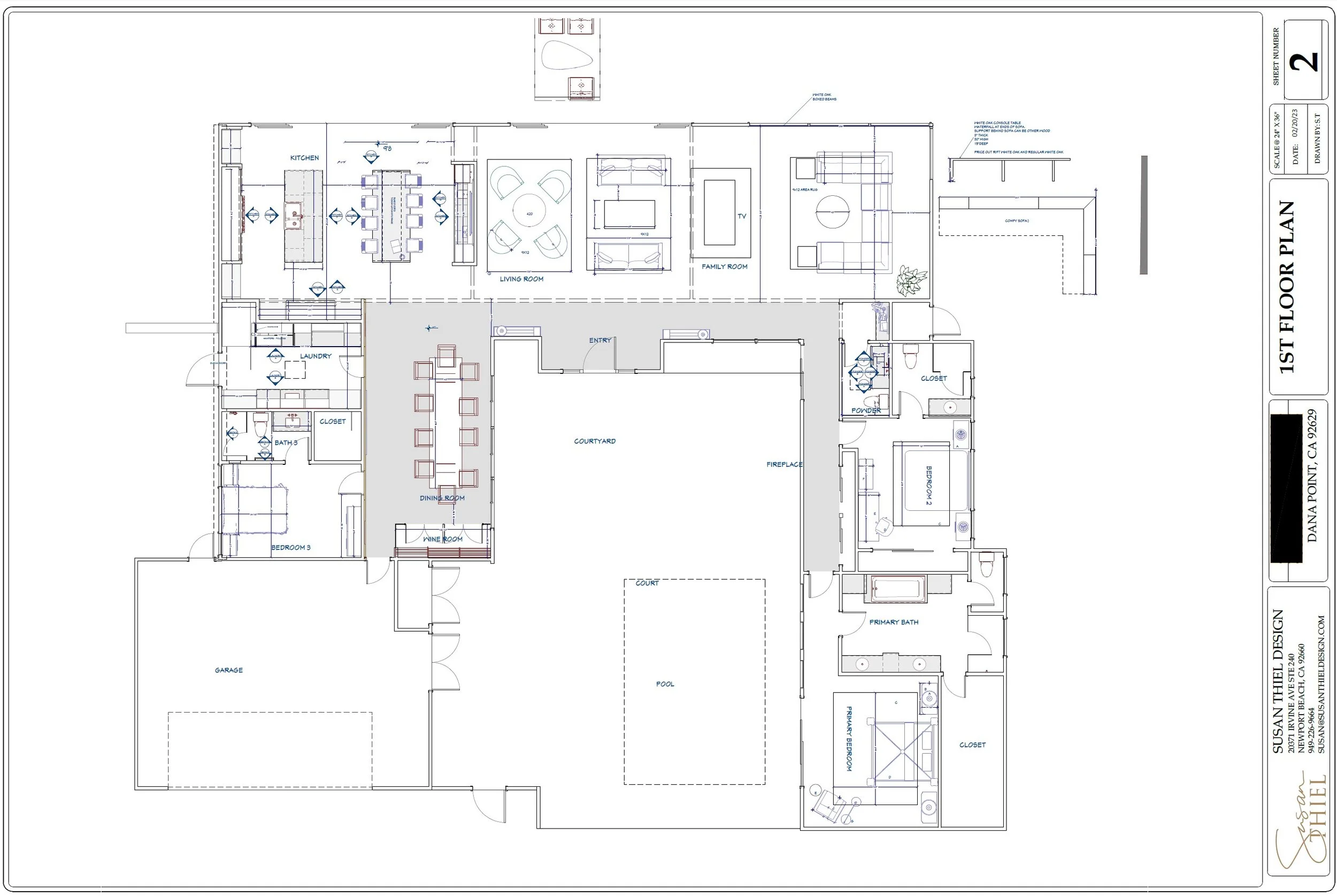 Floor plan of a house showing rooms including kitchen, living room, family room, dining room, bedrooms, bathrooms, laundry, garage, courtyard, pool, and other spaces with labeled door and window placements.